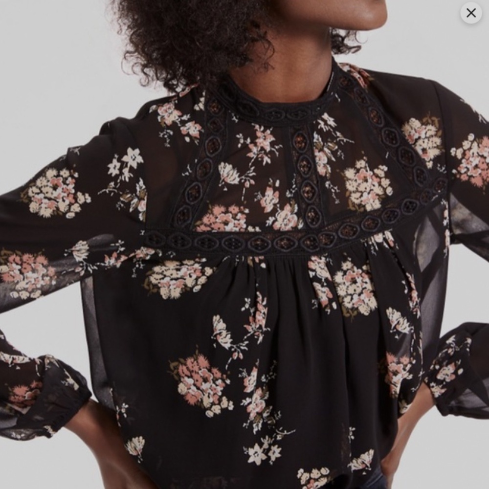 Lucky‎ Brand Black Floral Mock Neck Crochet Lace Sheer Blouse Long Sleeve Top